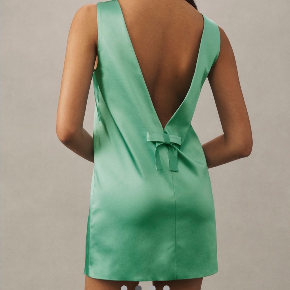 BHLDN Zara Square-neck Bow Satin Mini Dress in Bright Jade